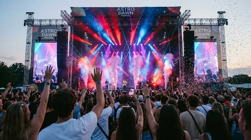 Music festival stage with a large crowd