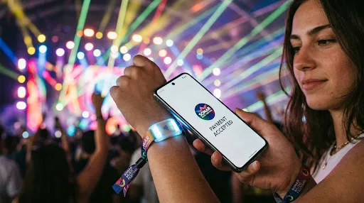 Smartphone a ler uma pulseira NFC no pulso de uma participante num festival