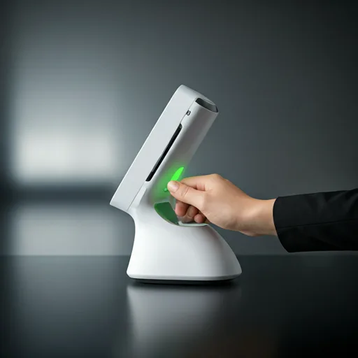 Terminal POS branco moderno a ler uma pulseira NFC com indicador verde